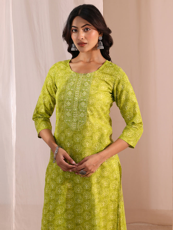 Gerua Green Floral Printed Cotton Blend Straight Suit Set