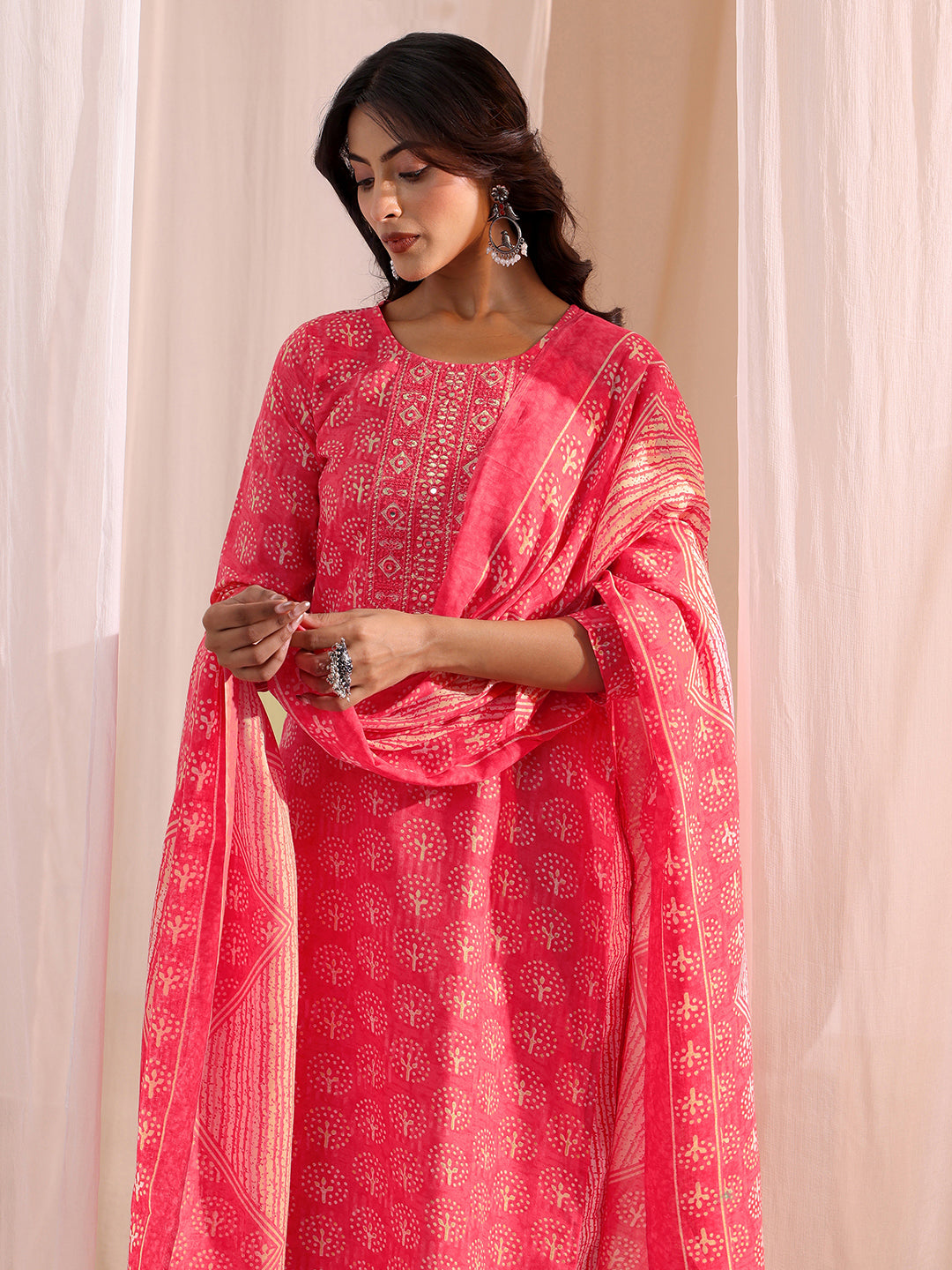 Gerua Pink Floral Printed Cotton Blend Straight Suit Set