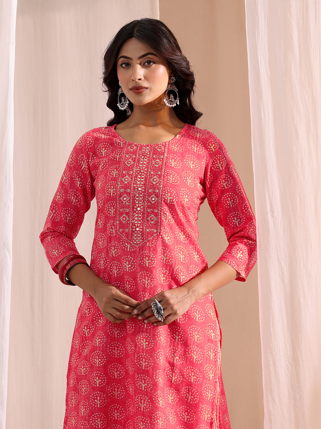 Gerua Pink Floral Printed Cotton Blend Straight Suit Set