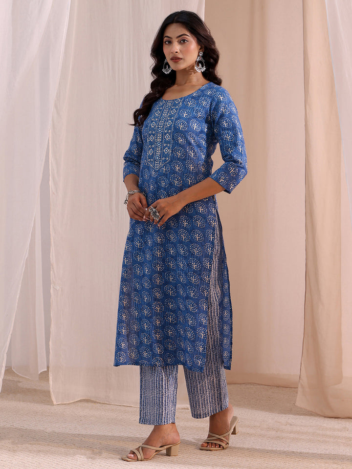 Gerua Blue Floral Printed Cotton Blend Straight Suit Set