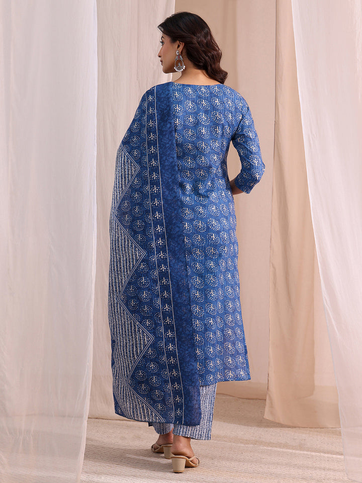 Gerua Blue Floral Printed Cotton Blend Straight Suit Set