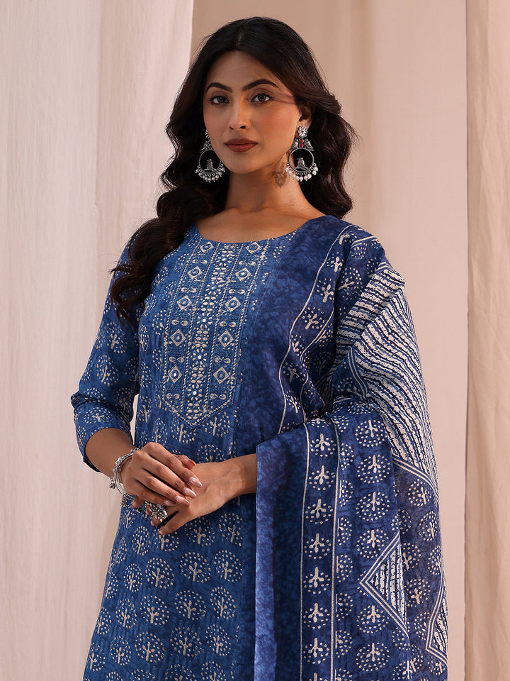 Gerua Blue Floral Printed Cotton Blend Straight Suit Set