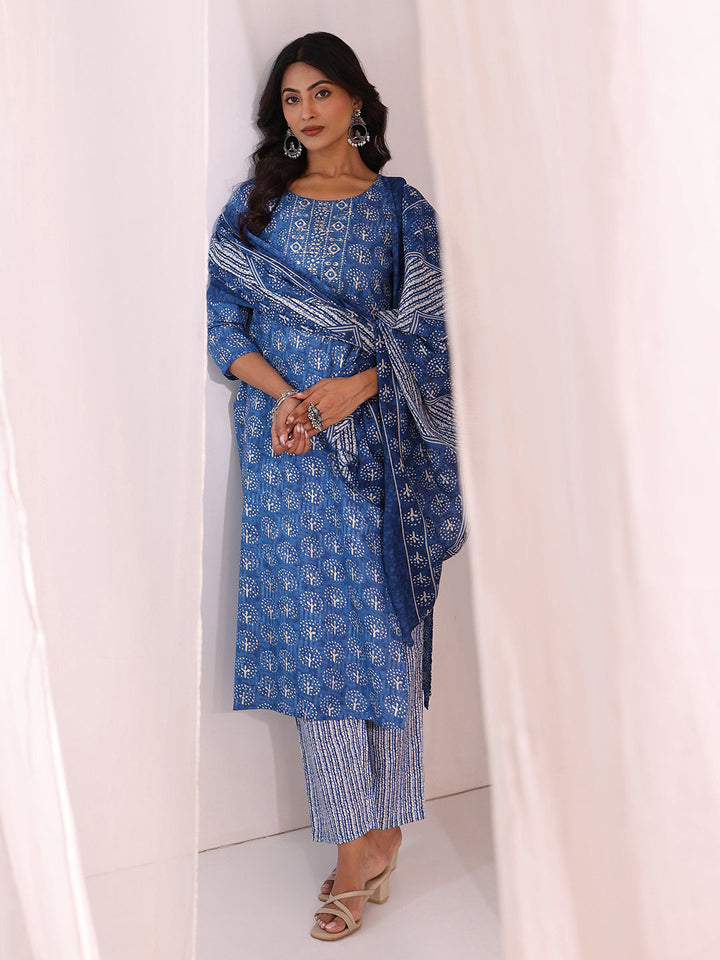 Gerua Blue Floral Printed Cotton Blend Straight Suit Set