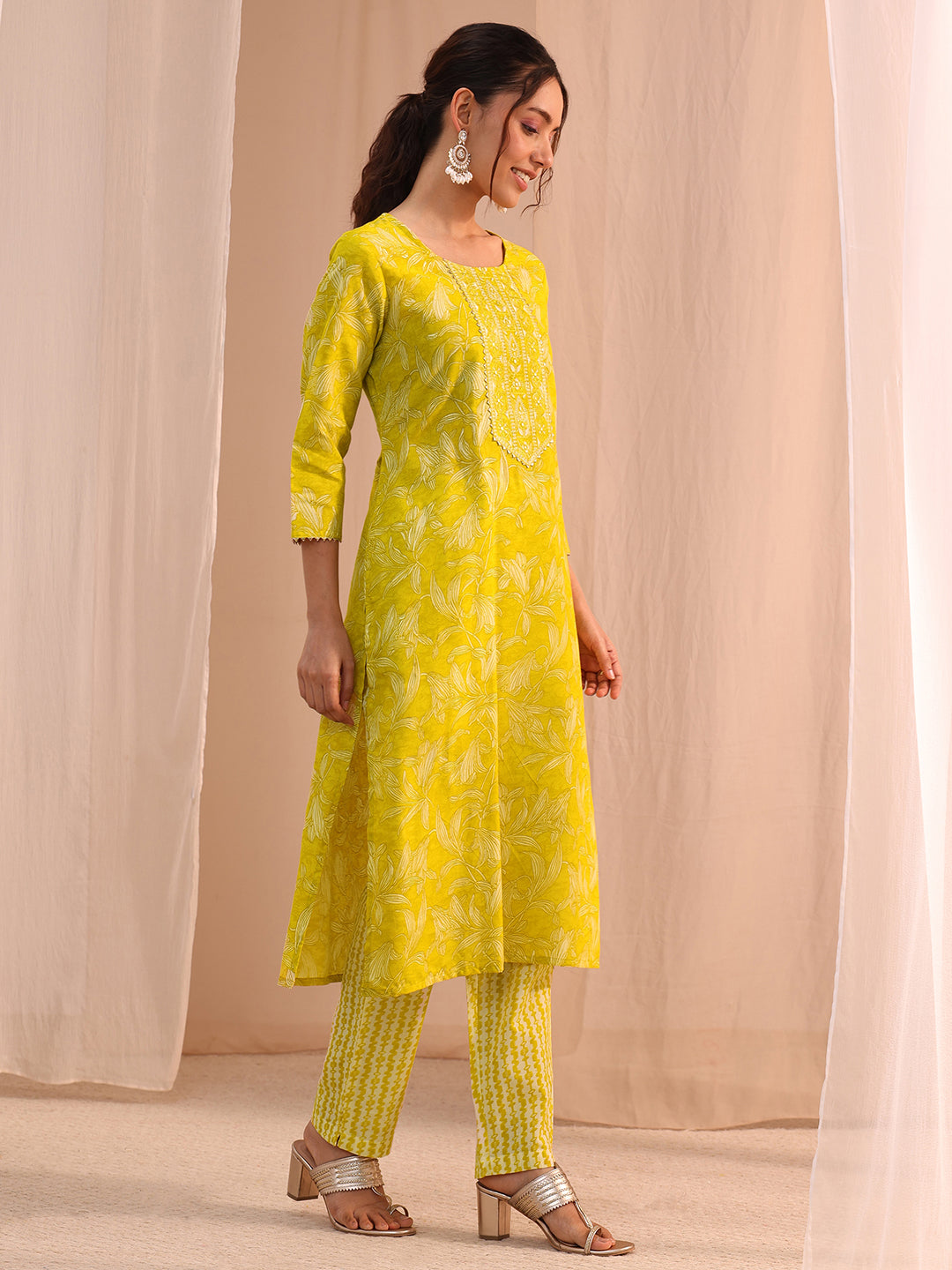 Gerua Yellow Yoke Embroidered Cotton Blend Straight Suit Set