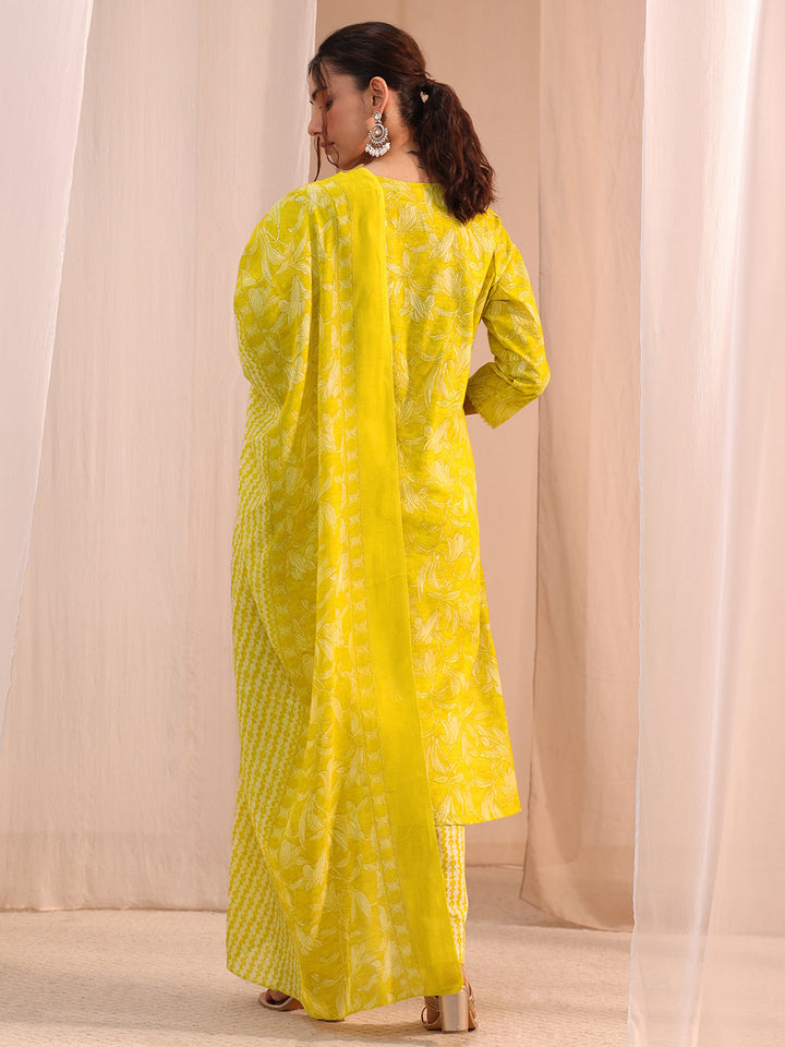Gerua Yellow Yoke Embroidered Cotton Blend Straight Suit Set