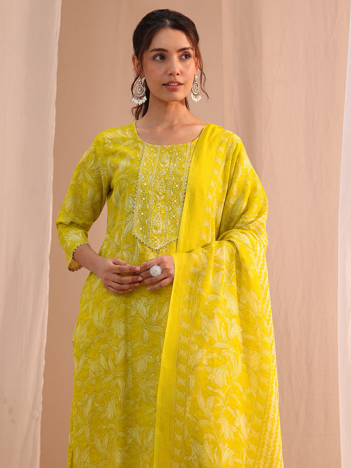 Gerua Yellow Yoke Embroidered Cotton Blend Straight Suit Set