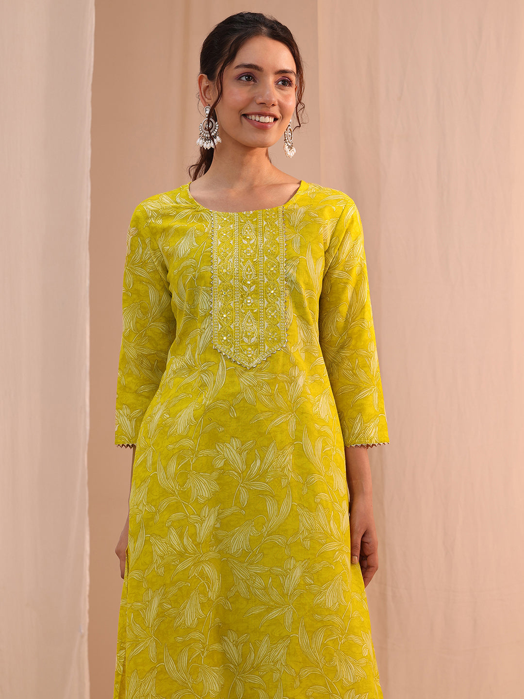 Gerua Yellow Yoke Embroidered Cotton Blend Straight Suit Set