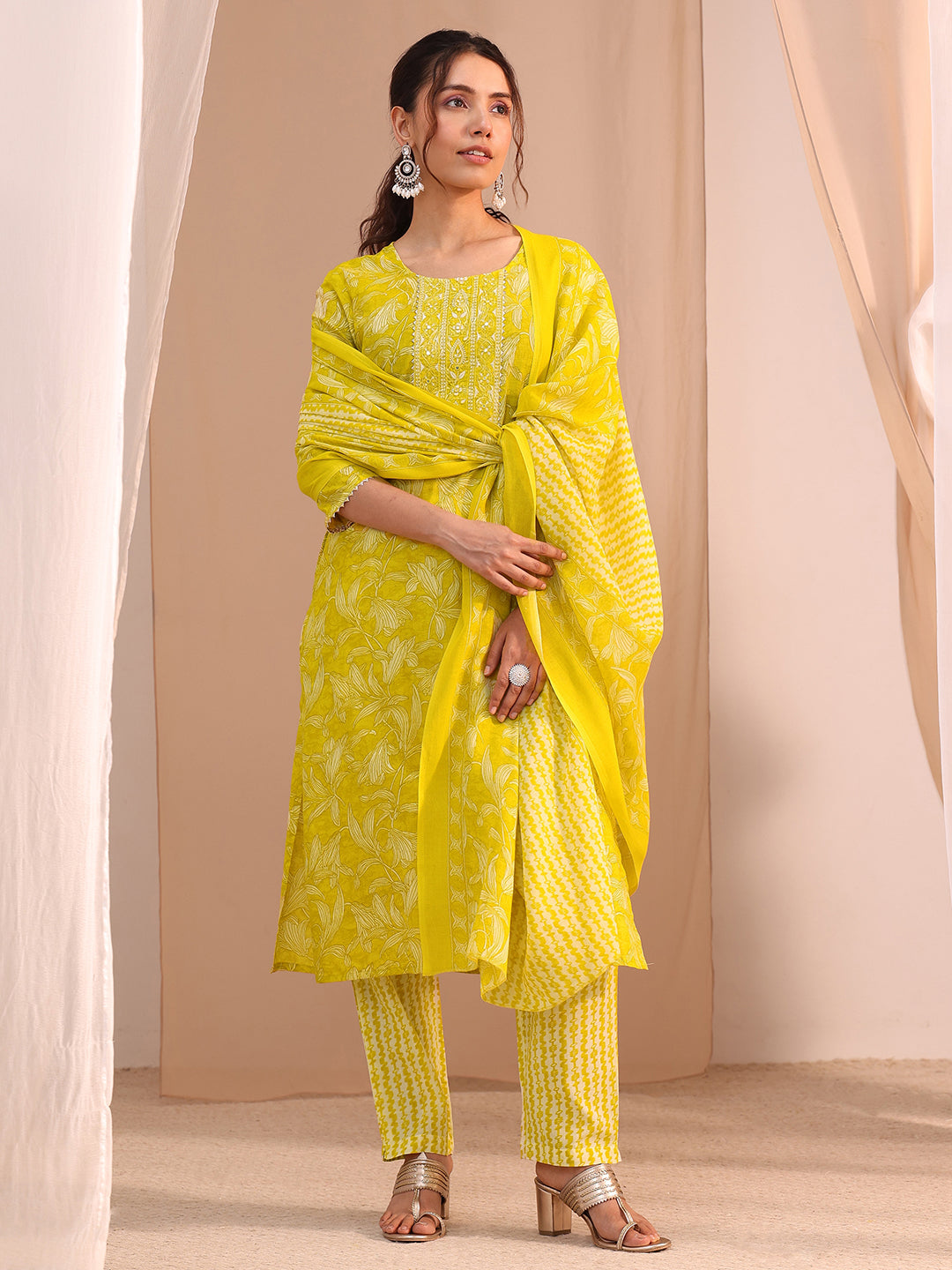 Gerua Yellow Yoke Embroidered Cotton Blend Straight Suit Set