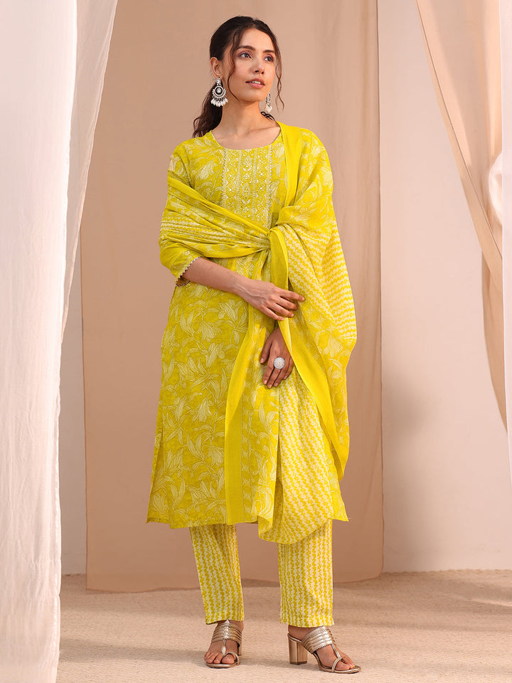 Gerua Yellow Yoke Embroidered Cotton Blend Straight Suit Set