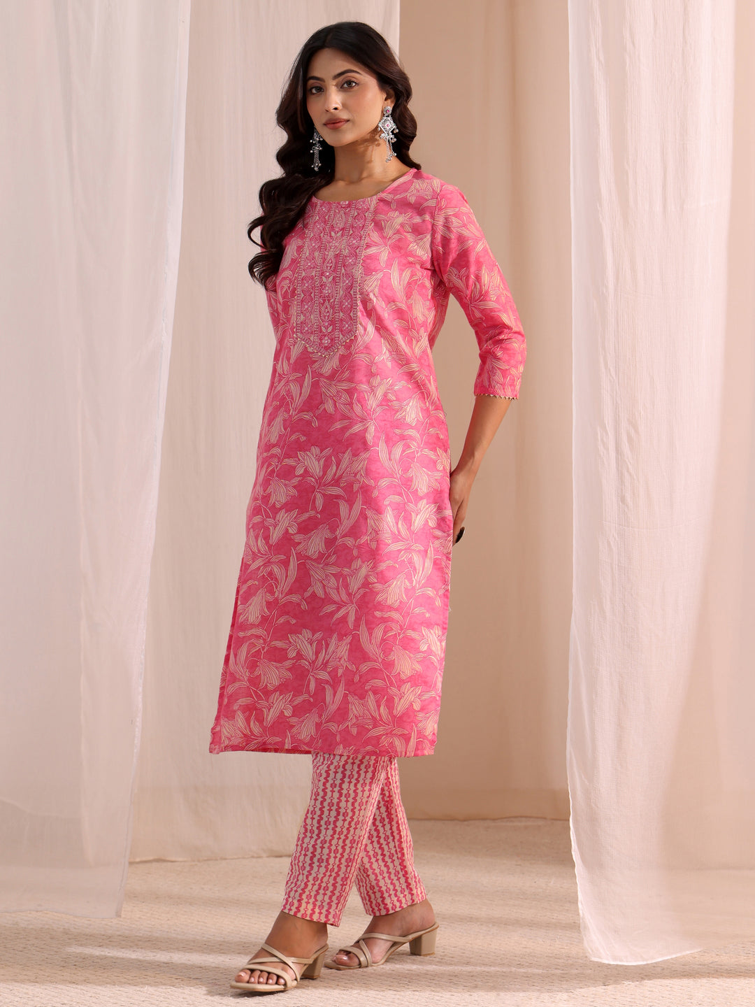 Gerua Pink Yoke Embroidered Cotton Blend Straight Suit Set