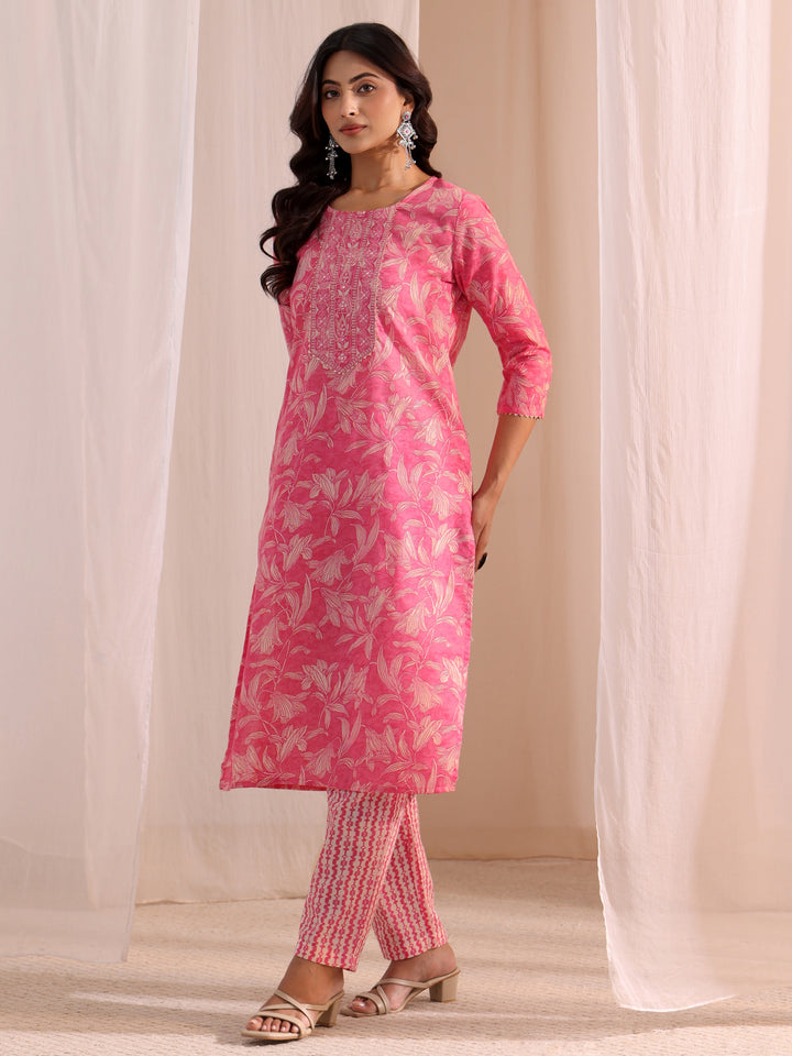 Gerua Pink Yoke Embroidered Cotton Blend Straight Suit Set