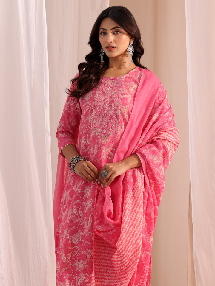 Gerua Pink Yoke Embroidered Cotton Blend Straight Suit Set