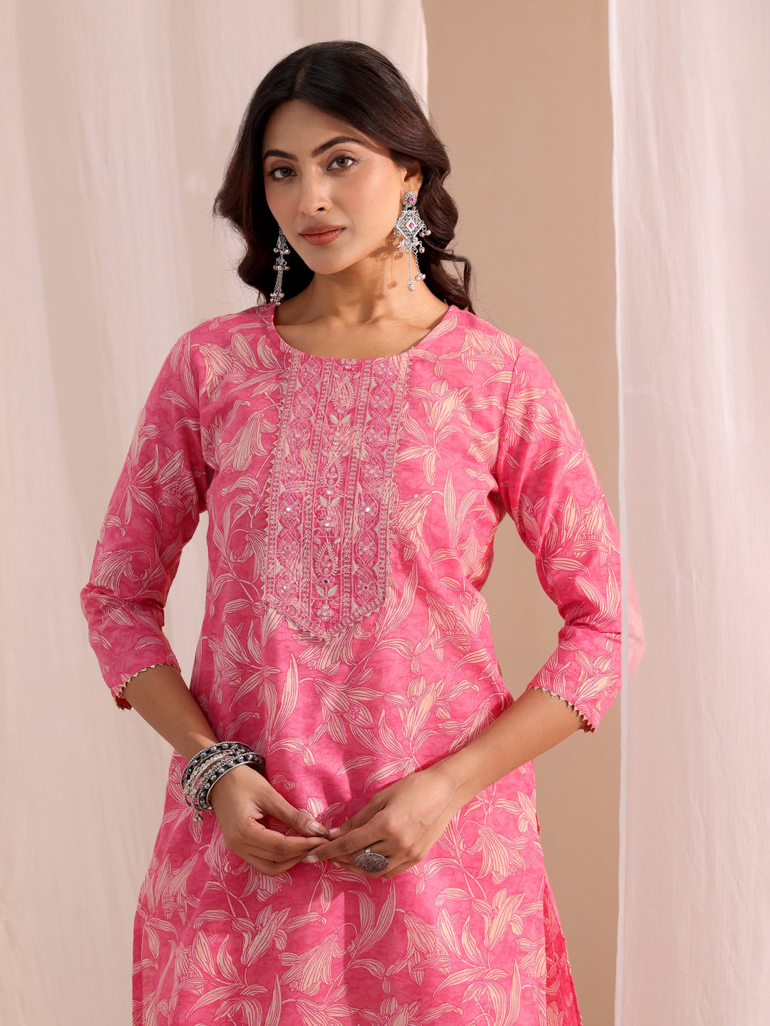 Gerua Pink Yoke Embroidered Cotton Blend Straight Suit Set