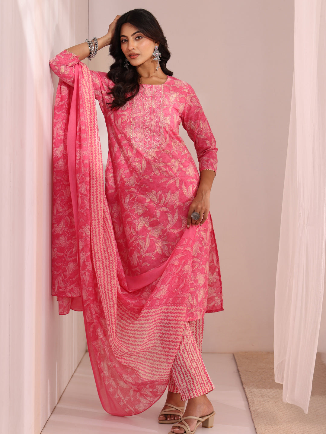 Gerua Pink Yoke Embroidered Cotton Blend Straight Suit Set