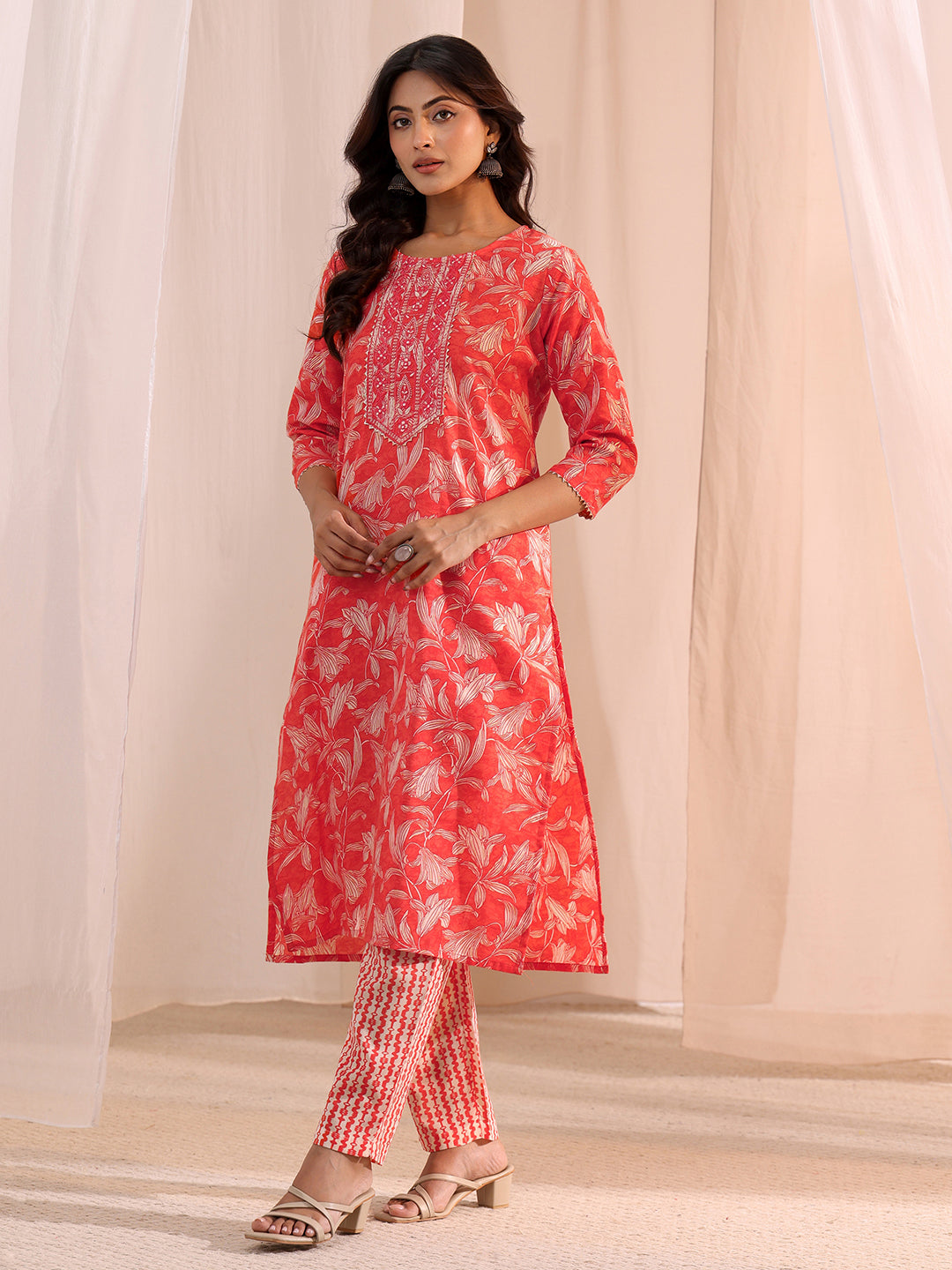 Gerua Peach Yoke Embroidered Cotton Blend Straight Suit Set