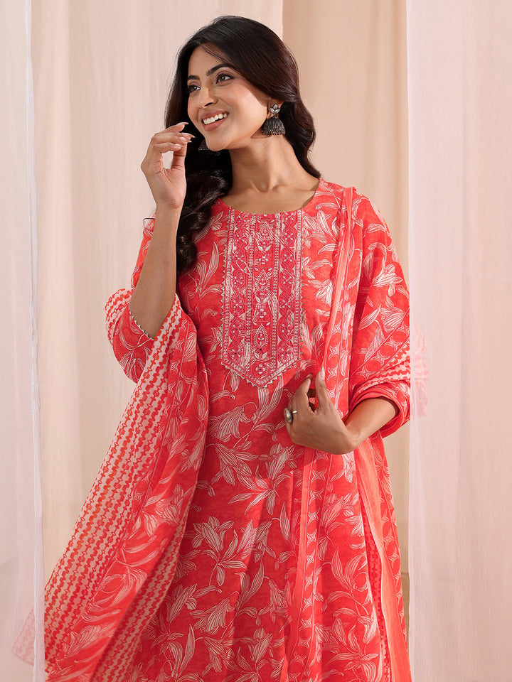 Gerua Peach Yoke Embroidered Cotton Blend Straight Suit Set