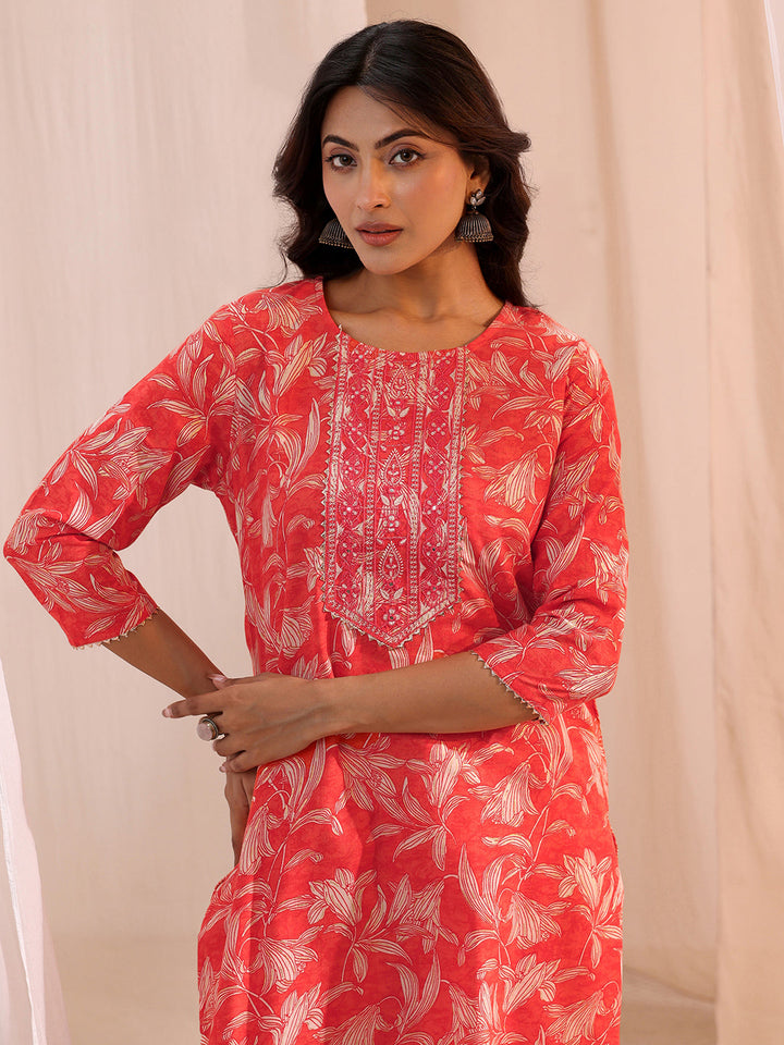 Gerua Peach Yoke Embroidered Cotton Blend Straight Suit Set
