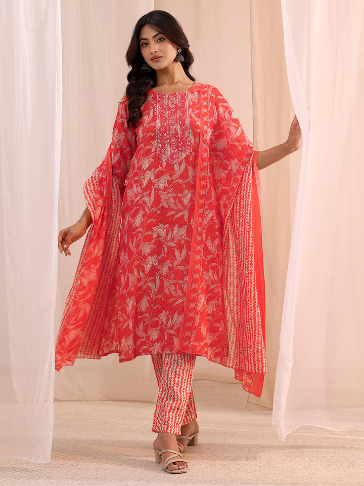 Gerua Peach Yoke Embroidered Cotton Blend Straight Suit Set