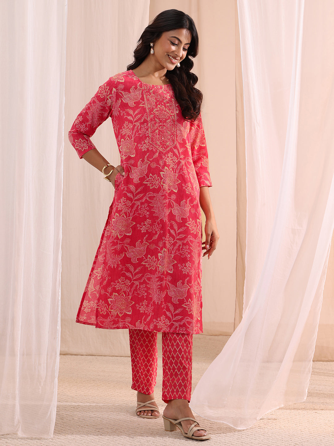 Gerua Pink Yoke Embellished Cotton Blend Straight Suit Set