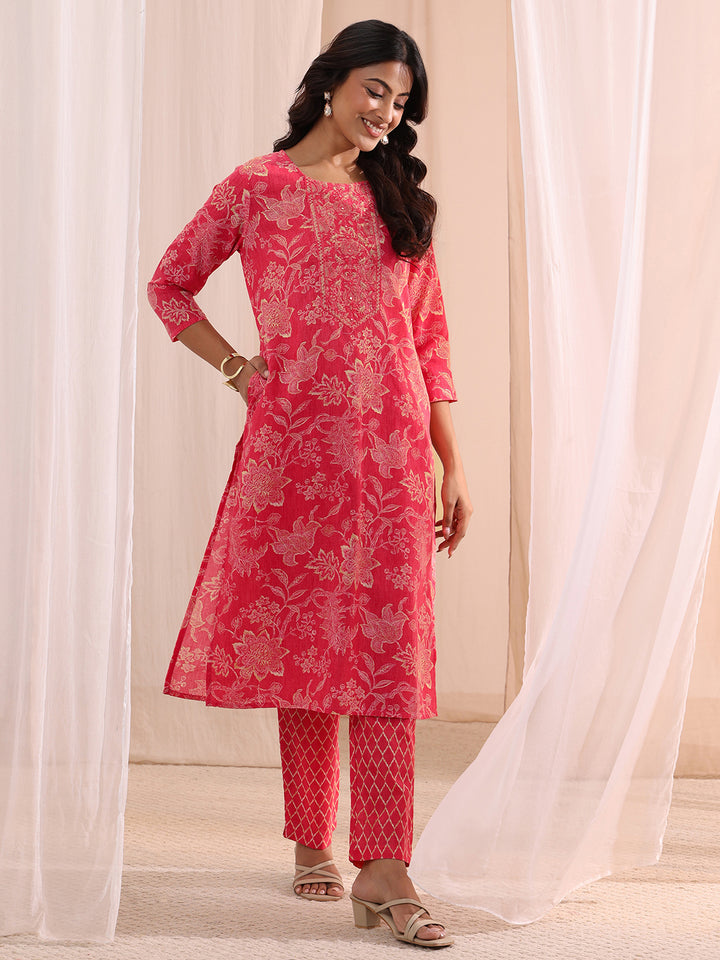Gerua Pink Yoke Embellished Cotton Blend Straight Suit Set