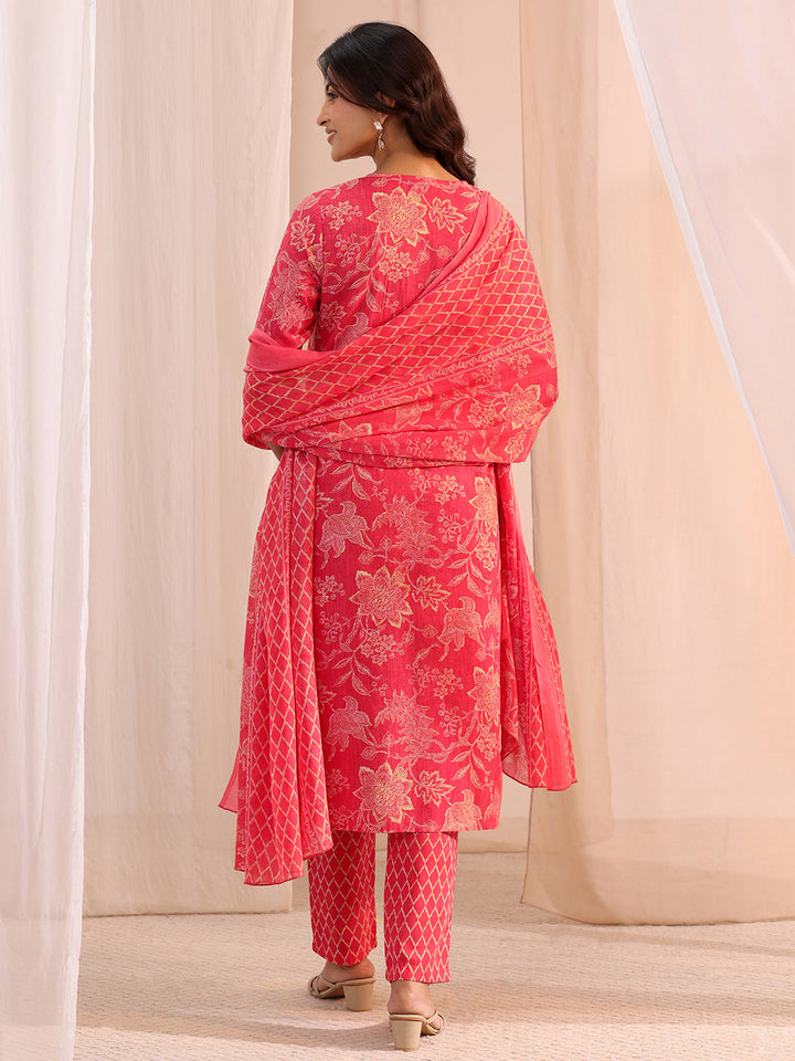 Gerua Pink Yoke Embellished Cotton Blend Straight Suit Set