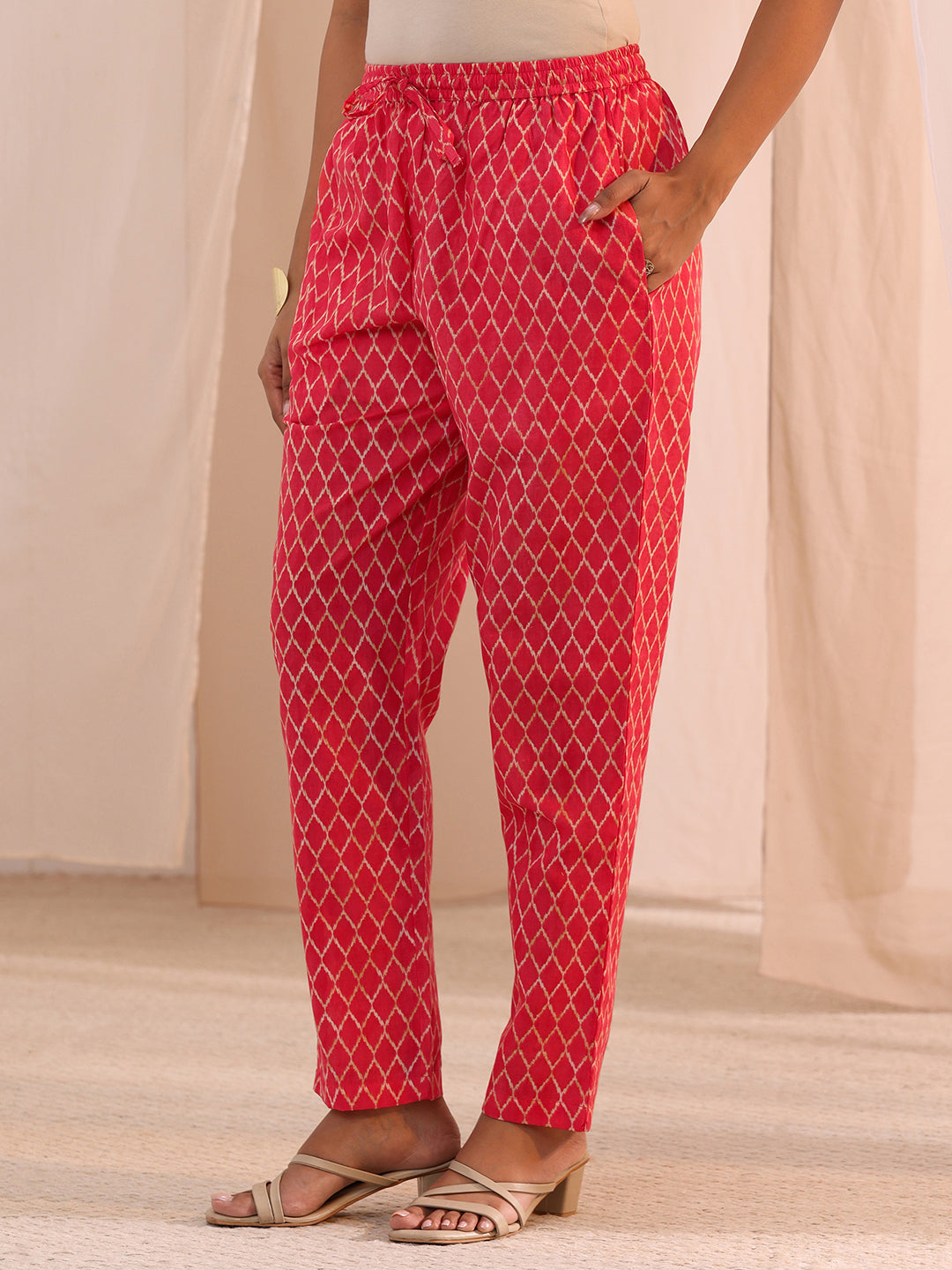 Gerua Pink Yoke Embellished Cotton Blend Straight Suit Set