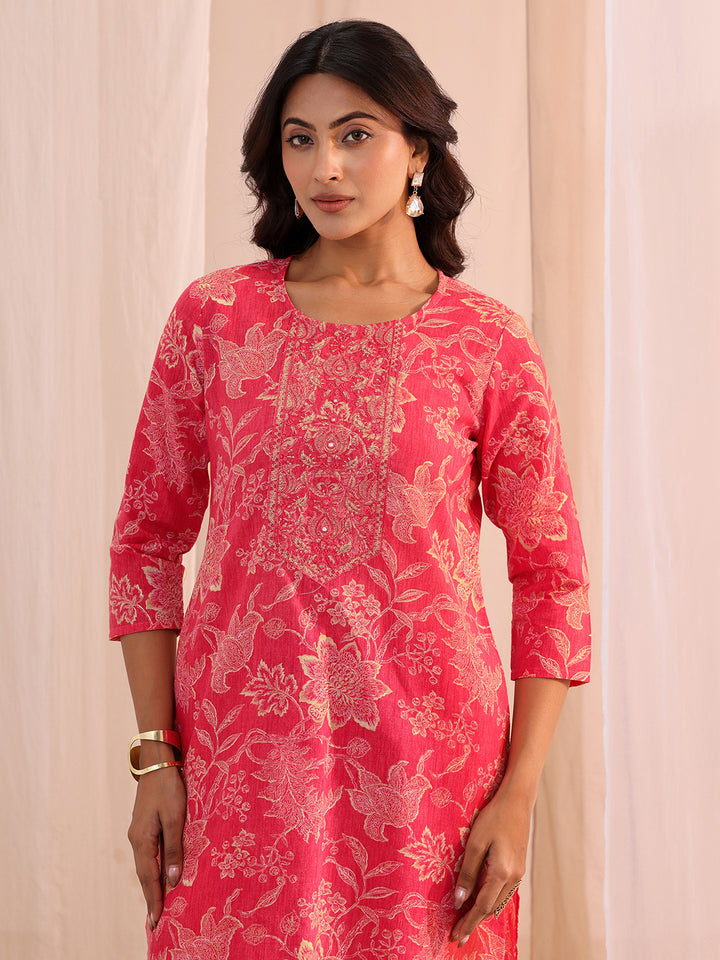 Gerua Pink Yoke Embellished Cotton Blend Straight Suit Set