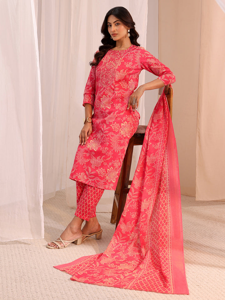 Gerua Pink Yoke Embellished Cotton Blend Straight Suit Set