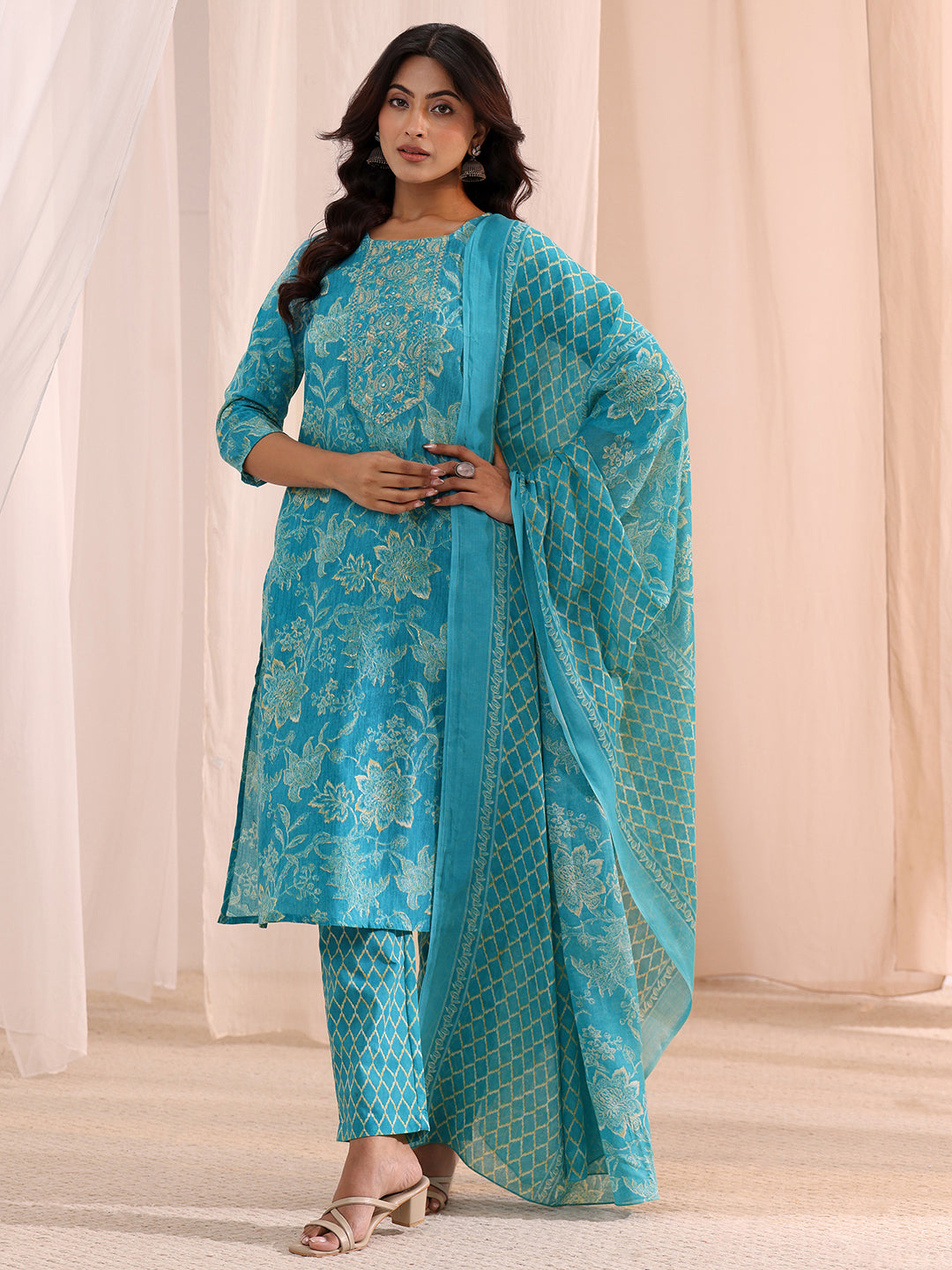 Gerua Blue Yoke Embellished Cotton Blend Straight Suit Set