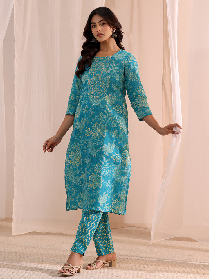 Gerua Blue Yoke Embellished Cotton Blend Straight Suit Set