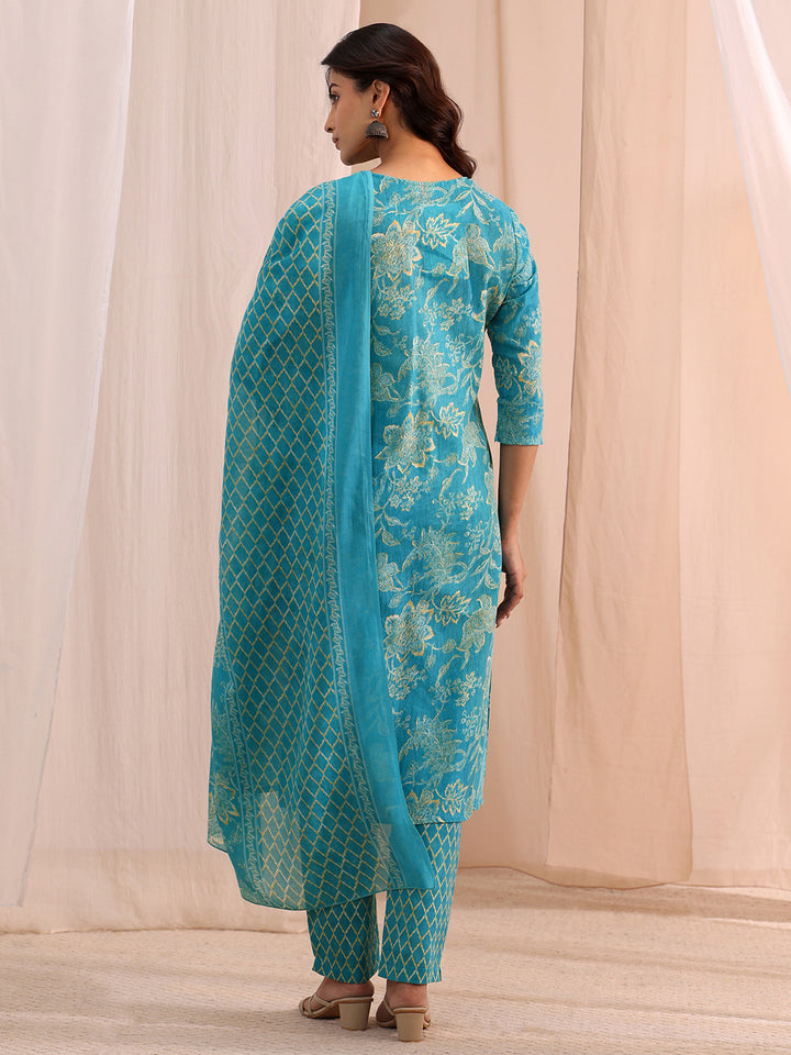 Gerua Blue Yoke Embellished Cotton Blend Straight Suit Set