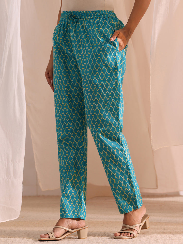 Gerua Blue Yoke Embellished Cotton Blend Straight Suit Set