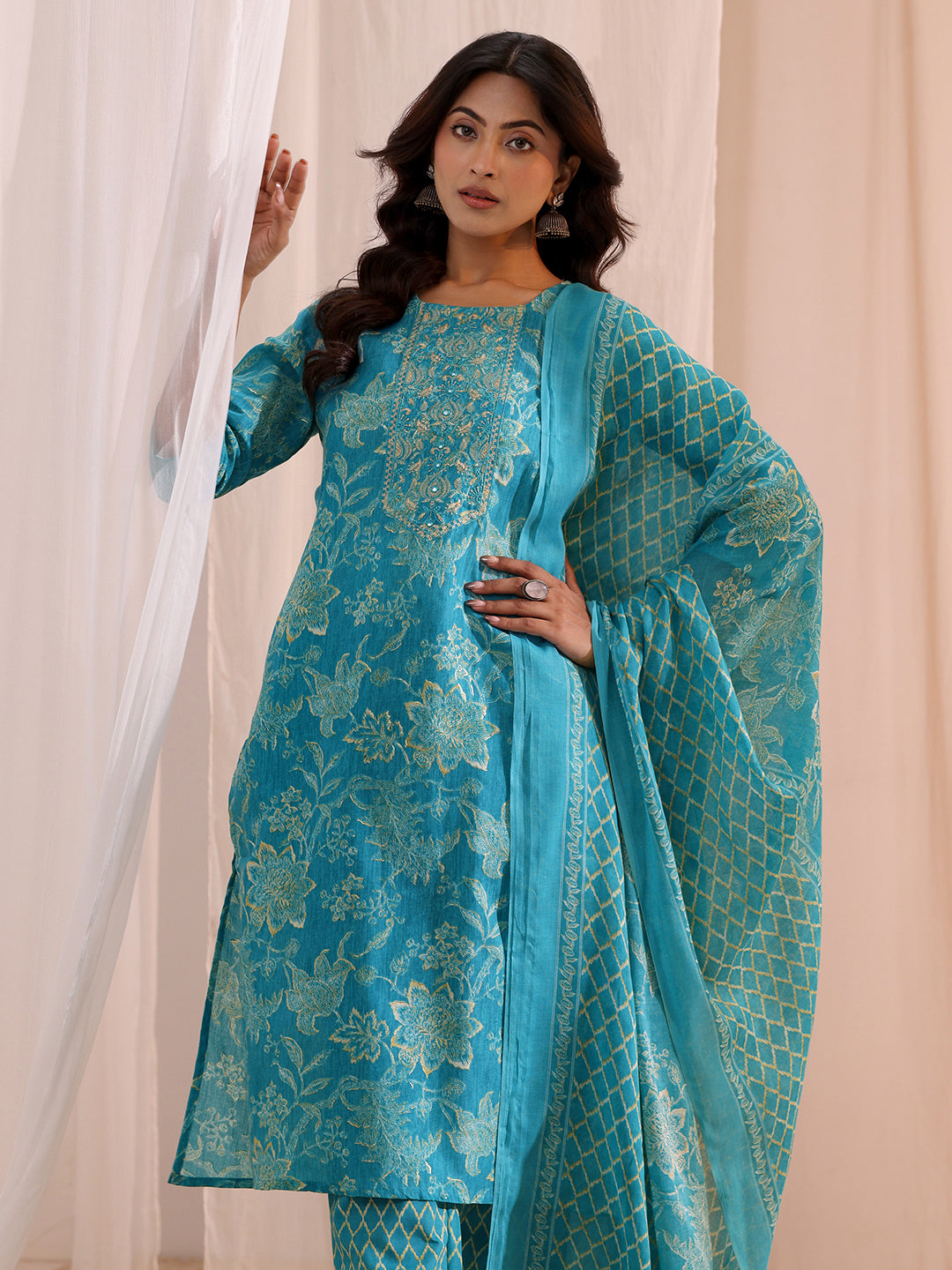 Gerua Blue Yoke Embellished Cotton Blend Straight Suit Set