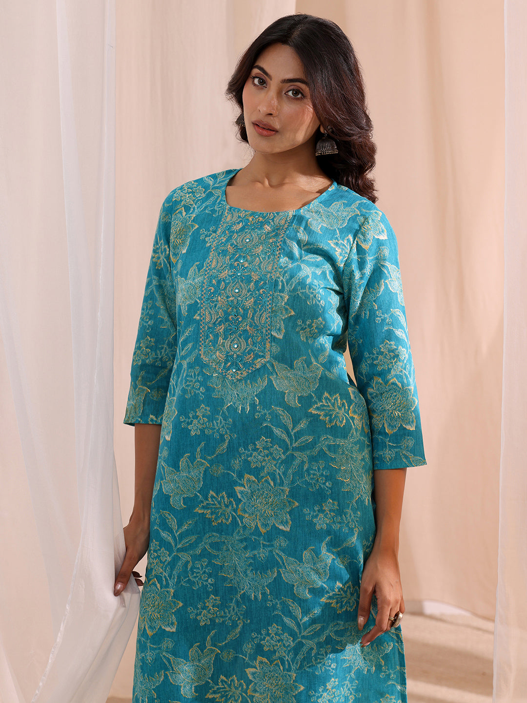 Gerua Blue Yoke Embellished Cotton Blend Straight Suit Set