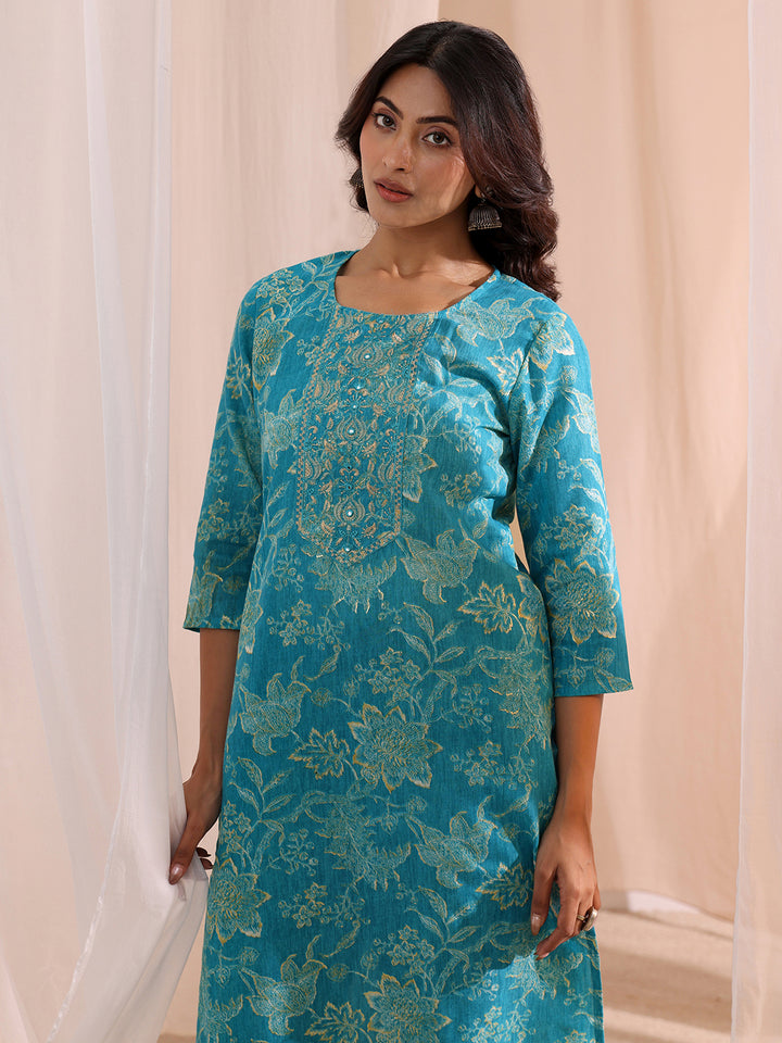 Gerua Blue Yoke Embellished Cotton Blend Straight Suit Set