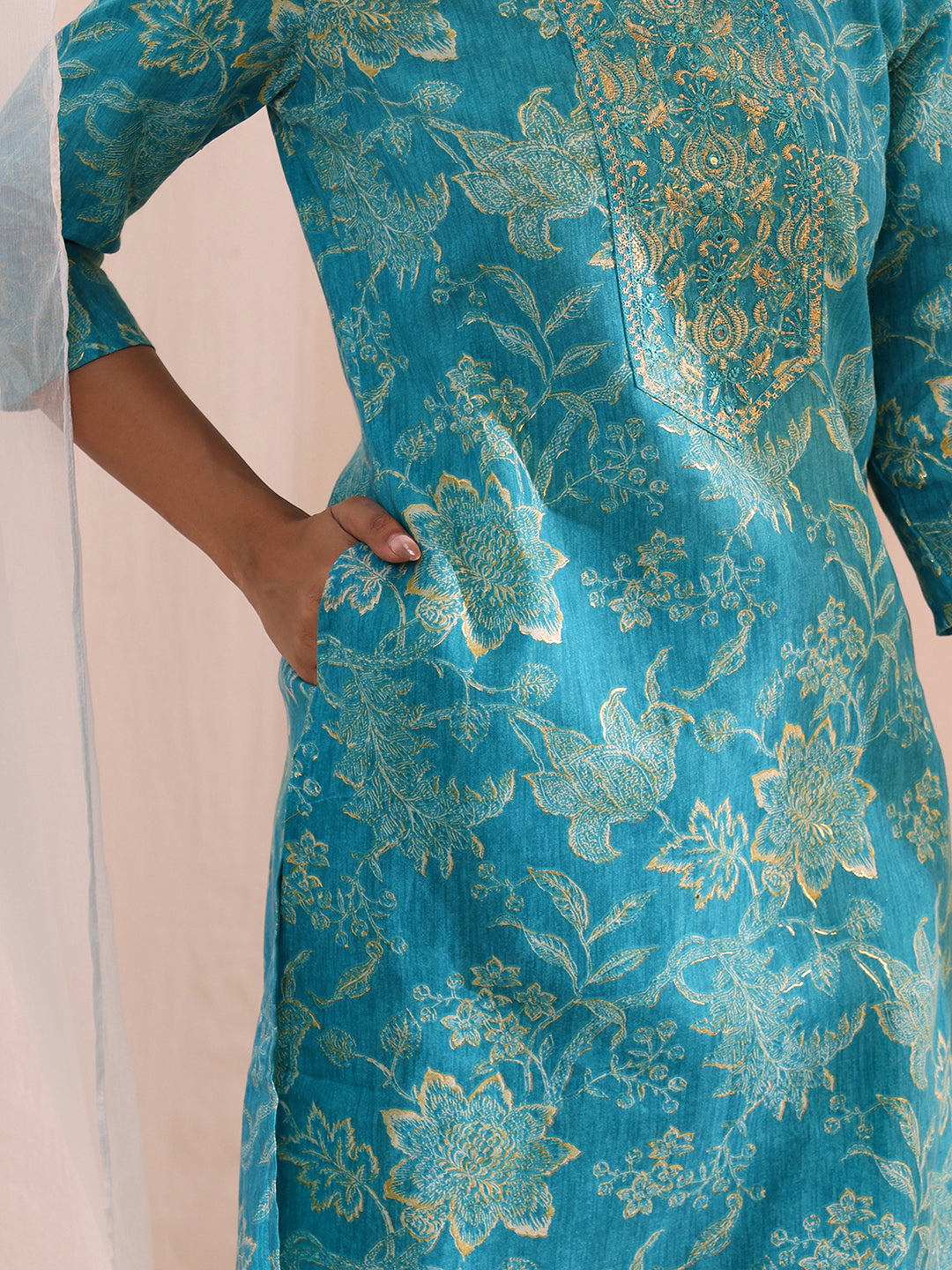 Gerua Blue Yoke Embellished Cotton Blend Straight Suit Set