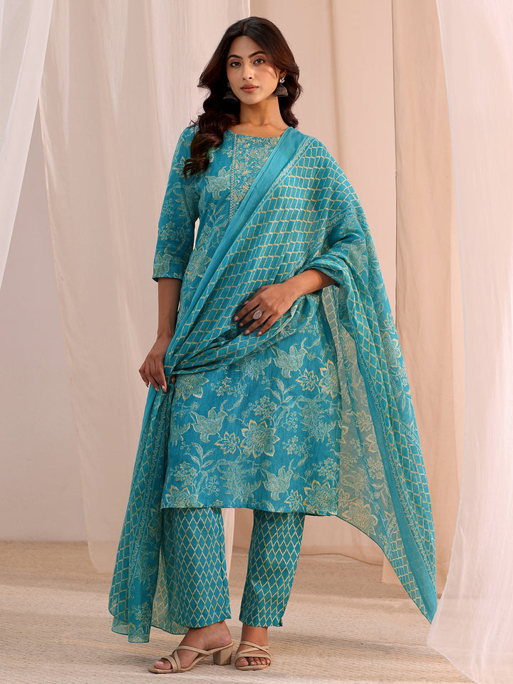 Gerua Blue Yoke Embellished Cotton Blend Straight Suit Set