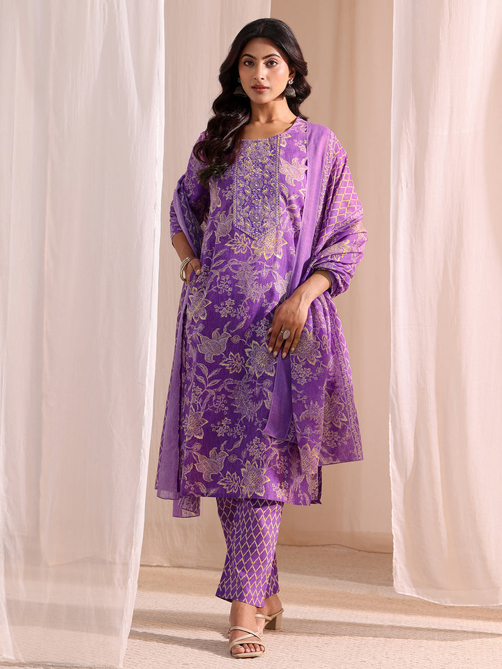 Gerua Purple Yoke Embellished Cotton Blend Straight Suit Set