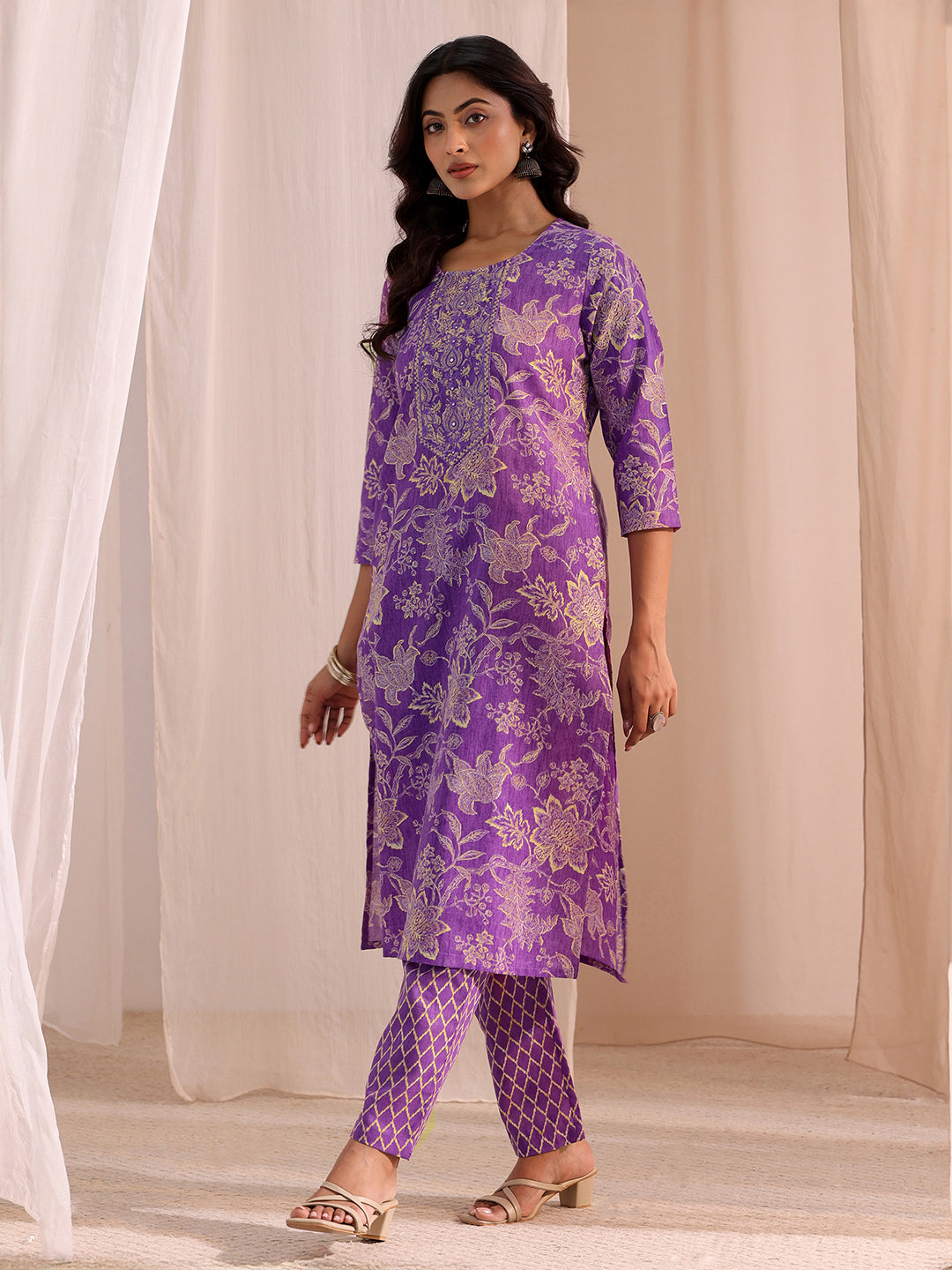 Gerua Purple Yoke Embellished Cotton Blend Straight Suit Set