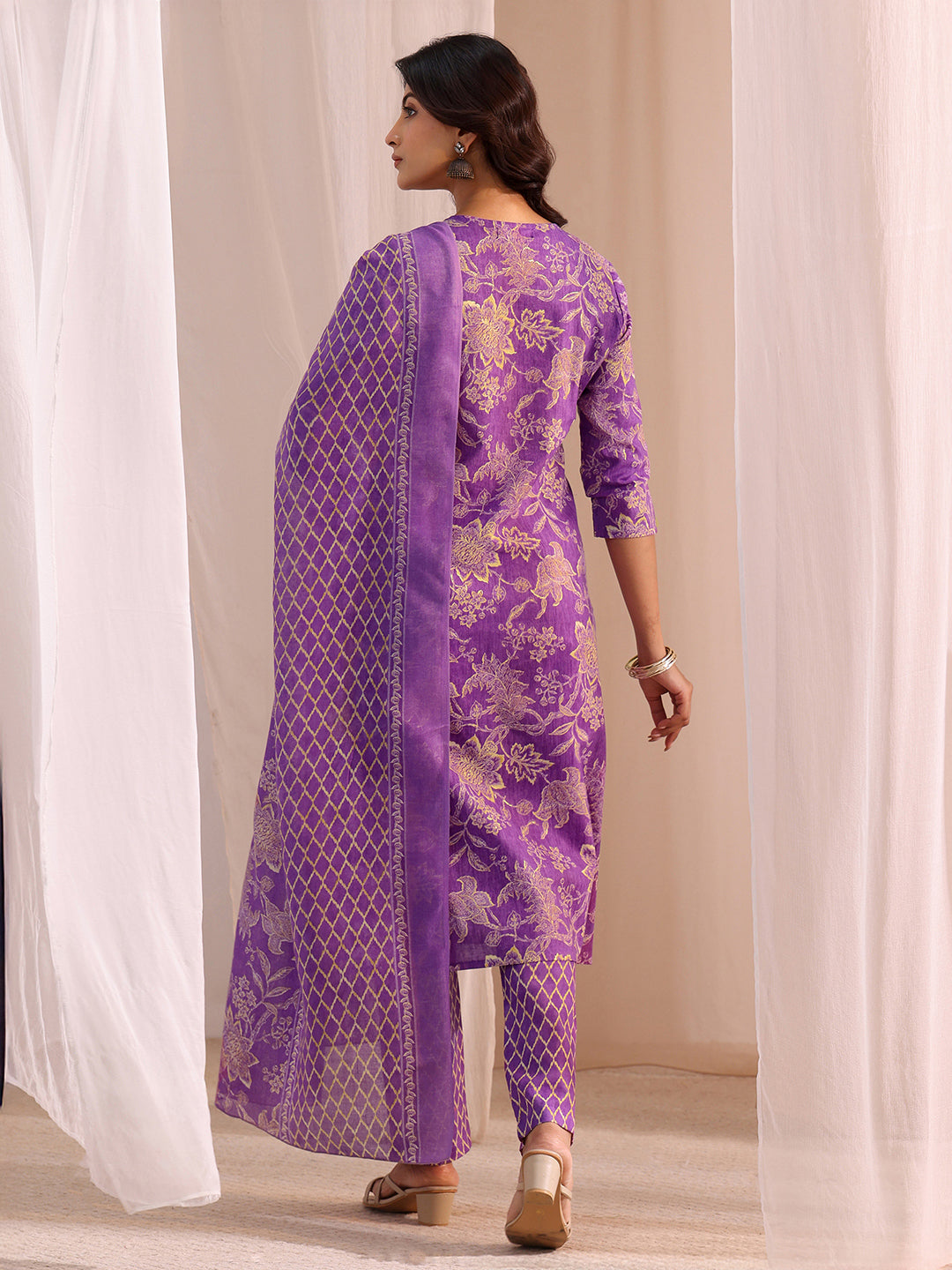 Gerua Purple Yoke Embellished Cotton Blend Straight Suit Set