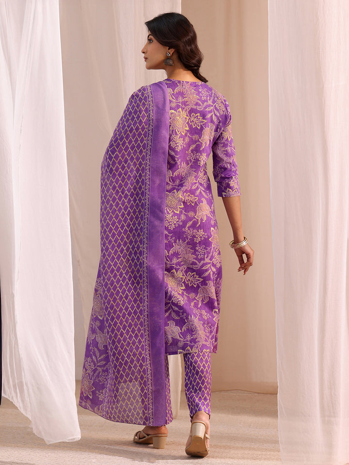 Gerua Purple Yoke Embellished Cotton Blend Straight Suit Set