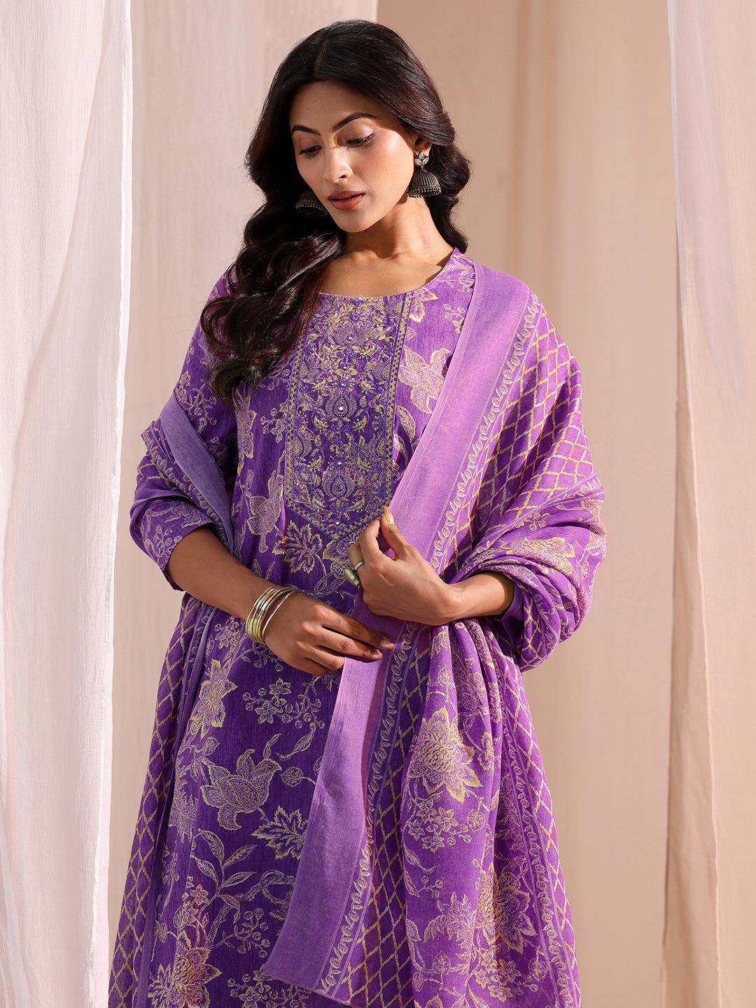 Gerua Purple Yoke Embellished Cotton Blend Straight Suit Set