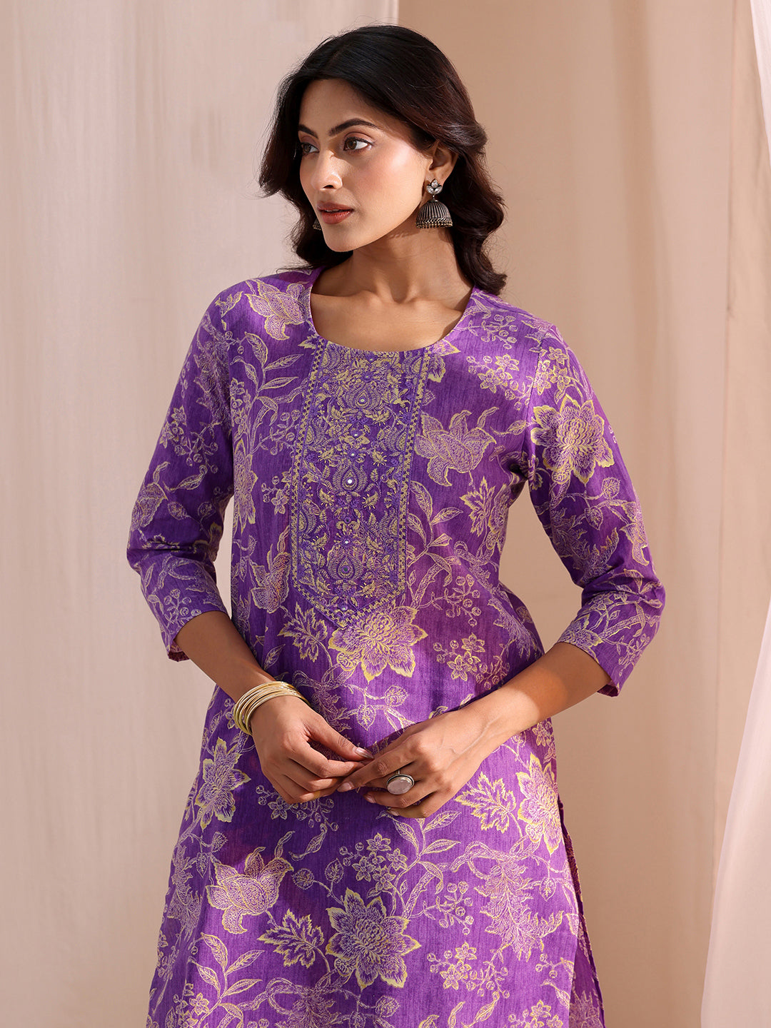 Gerua Purple Yoke Embellished Cotton Blend Straight Suit Set