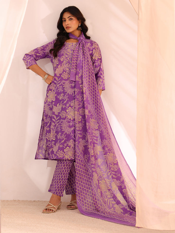Gerua Purple Yoke Embellished Cotton Blend Straight Suit Set