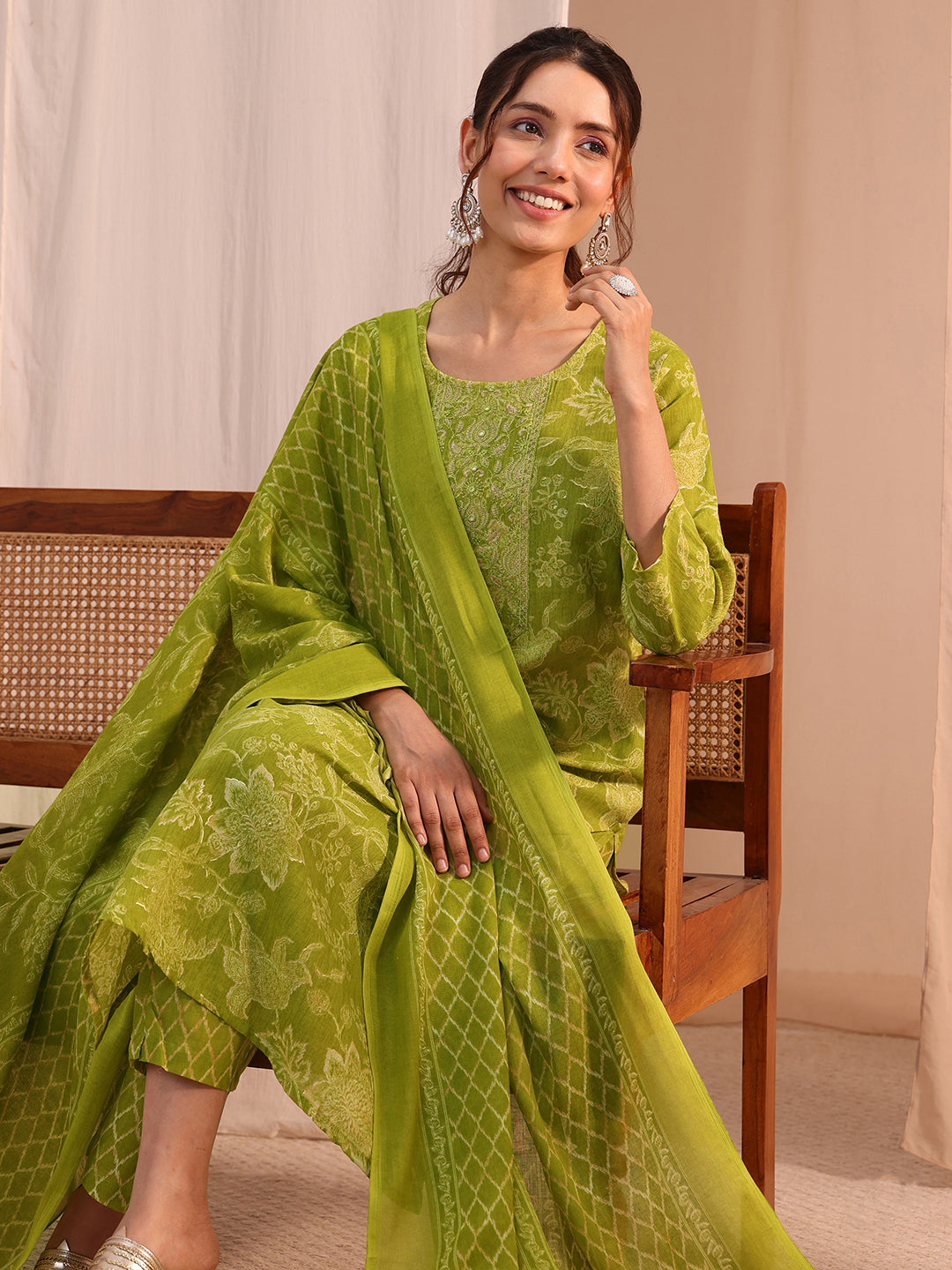 Gerua Green Yoke Embellished Cotton Blend Straight Suit Set