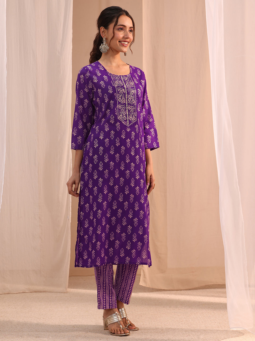 Gerua Purple Yoke Embellished Cotton Blend Straight Suit Set