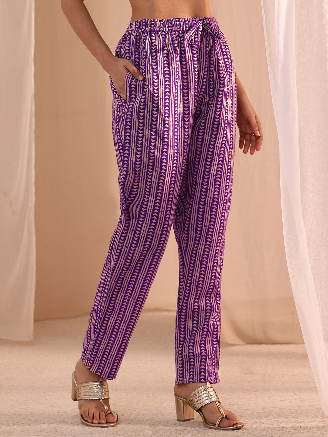 Gerua Purple Yoke Embellished Cotton Blend Straight Suit Set