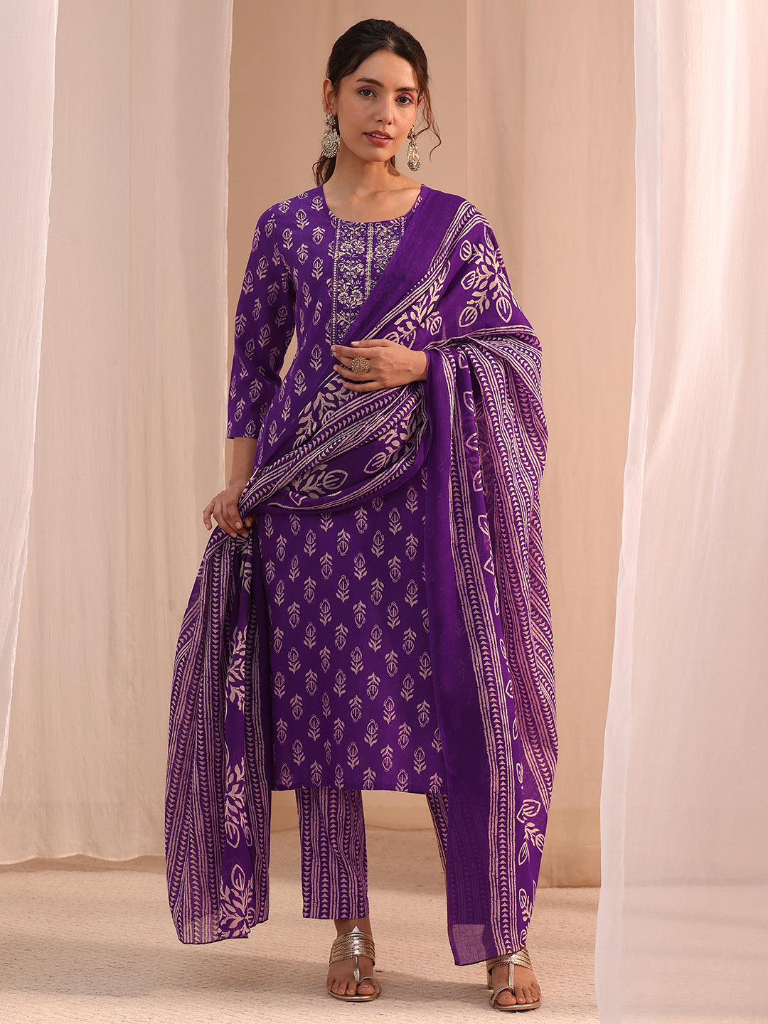 Gerua Purple Yoke Embellished Cotton Blend Straight Suit Set