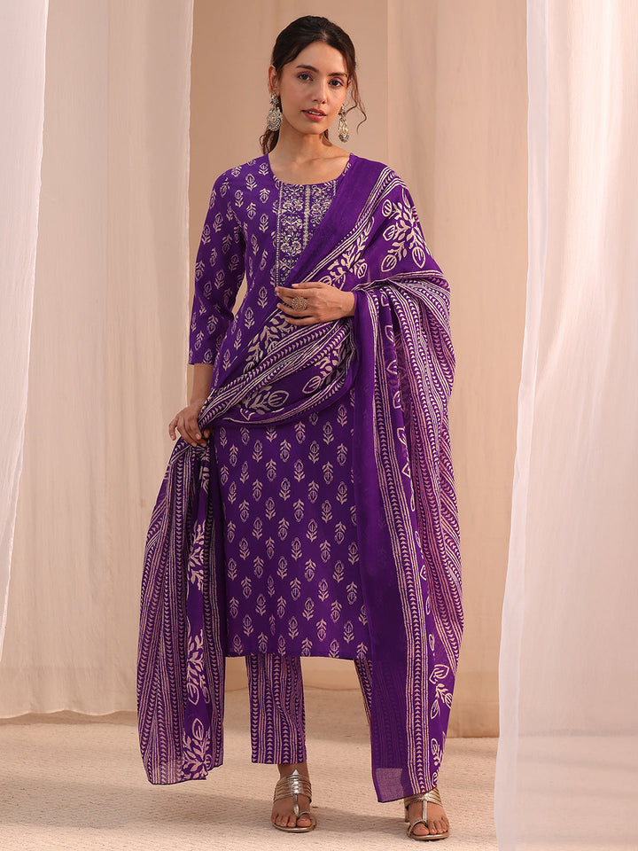 Gerua Purple Yoke Embellished Cotton Blend Straight Suit Set