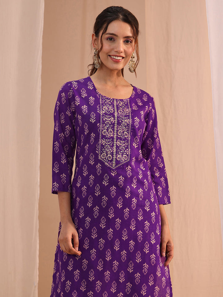 Gerua Purple Yoke Embellished Cotton Blend Straight Suit Set